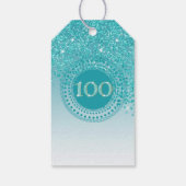 Modern Falling Blauwgroen Blue Glitter 100e verjaa Cadeaulabel (Achterkant)