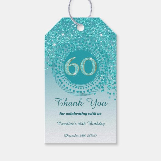 Modern Falling Blauwgroen Blue Glitter 60e verjaar Cadeaulabel (Voorkant)