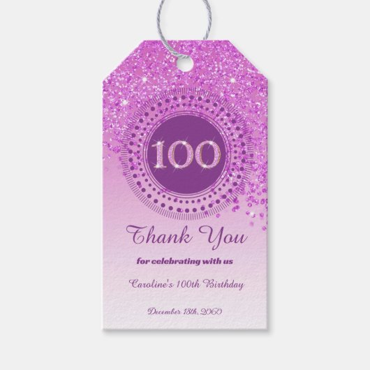 Modern Falling Pink Glitter 100e verjaardag Cadeaulabel (Voorkant)