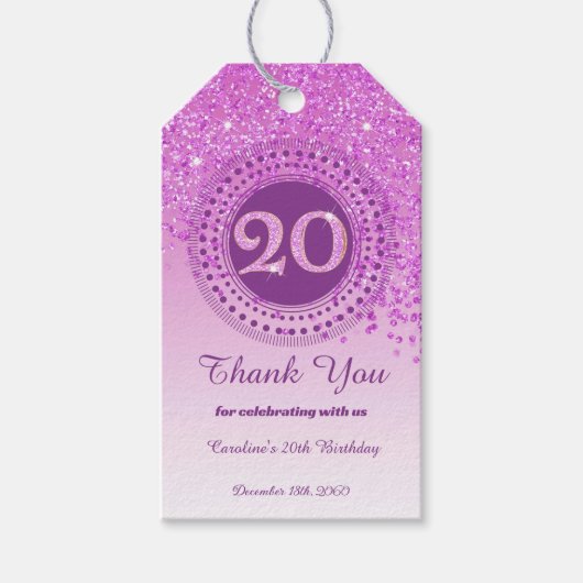 Modern Falling Pink Glitter 20th Birthday Cadeaulabel (Voorkant)
