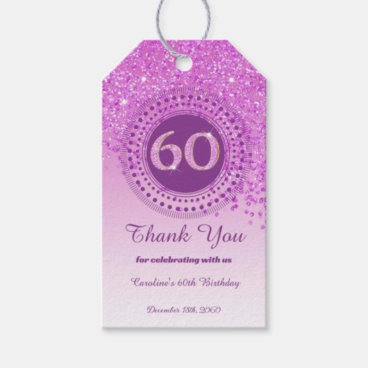 Modern Falling Pink Glitter 60e verjaardag Cadeaulabel (Voorkant)