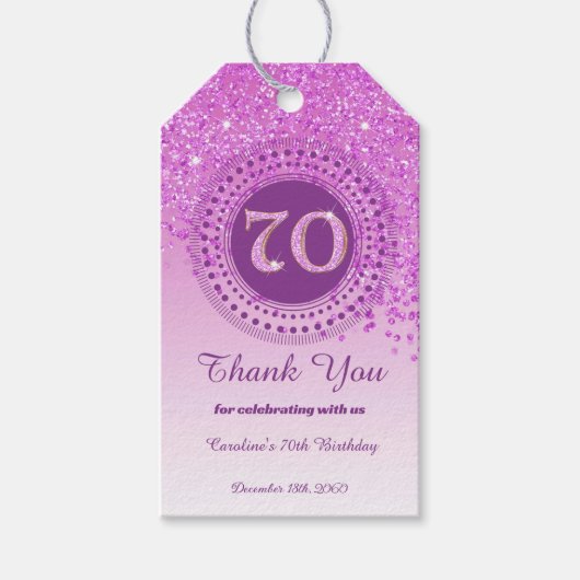 Modern Falling Pink Glitter 70e verjaardag Cadeaulabel (Voorkant)