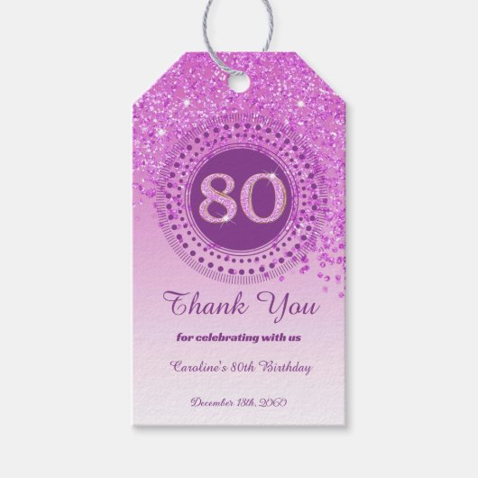 Modern Falling Pink Glitter 80e verjaardag Cadeaulabel (Voorkant)