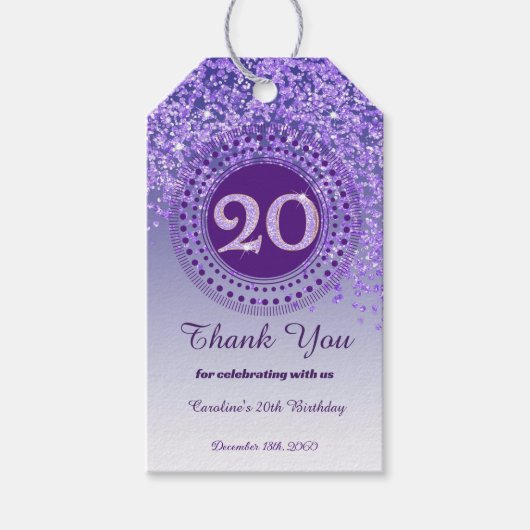 Modern Falling Purple Glitter 20th Birthday Cadeaulabel (Voorkant)