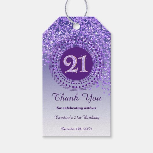 Modern Falling Purple Glitter 21st Birthday Cadeaulabel (Voorkant)