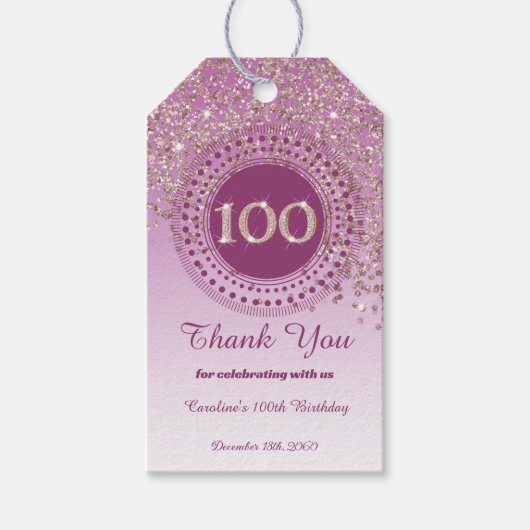 Modern Falling Roos Gold Glitter 100e verjaardag Cadeaulabel (Voorkant)