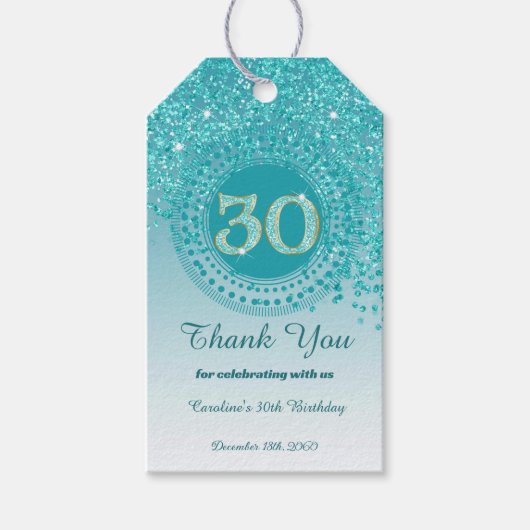 Modern Falling Teal Blue Glitter 30th Birthday Cadeaulabel (Voorkant)