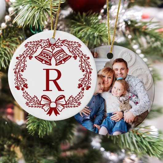 Modern Familie Monogram Kerstfoto Keramisch Ornament