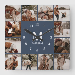Modern Family 12 Fotocollage Monogram Marine Blauw Vierkante Klok