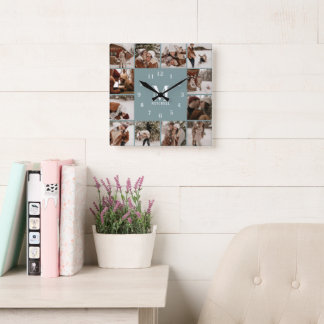 Modern Family 12 Fotocollage Monogram Sage Green Vierkante Klok