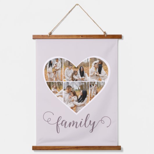 Modern FAMILY Heart Photo Collage Love Script Hangend Wandkleed (Voorkant)