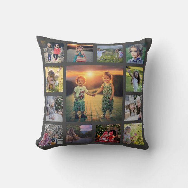 Modern family photo collage monogram name kussen (Voorkant)