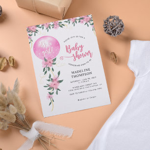 Modern Fancy Roze Bloemenballon Meisje Baby shower Kaart