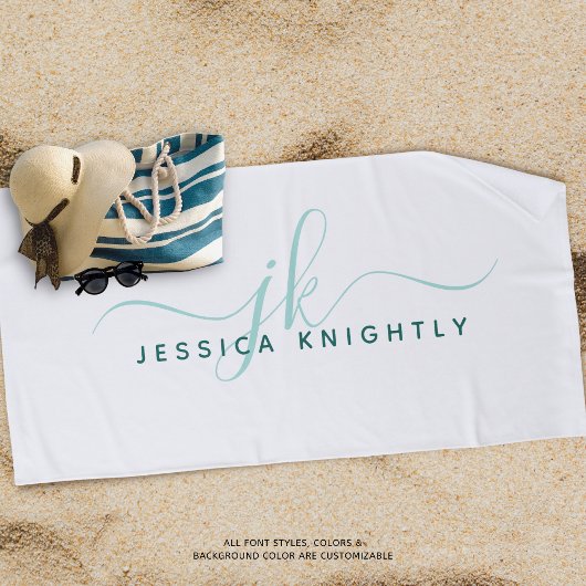 Modern Fancy Script Monogram Blauwgroen Turquoise Strandlaken