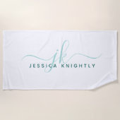 Modern Fancy Script Monogram Blauwgroen Turquoise Strandlaken (Voorkant)