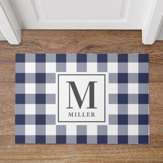 Modern Farmhouse Blue Buffalo Check Monogram Deurmat
