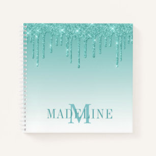 Modern fashionable Blauwgroen Glitter Monogram Notitieboek