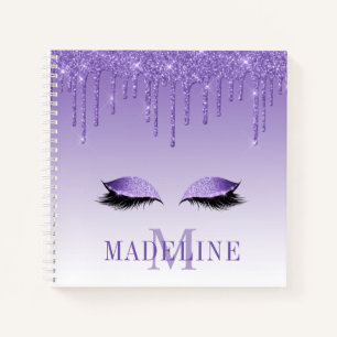 Modern Fashionable Paarse Glitter Lashes Monogram Notitieboek