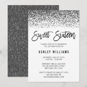 Modern Faux Black Glitter Sweet 16 Birthday Kaart