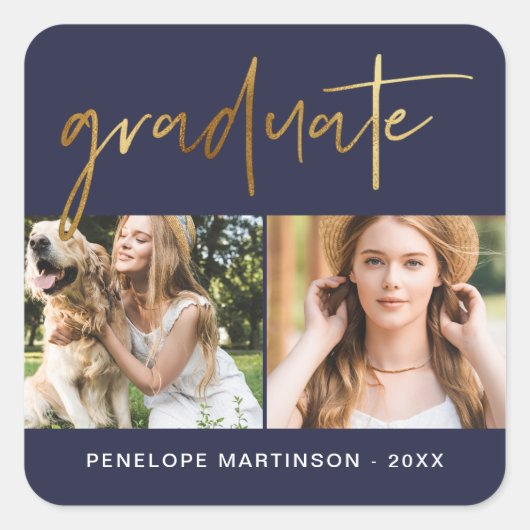 Modern Faux Gold Afstuderen fotorooster blauw Vierkante Sticker (Voorkant)
