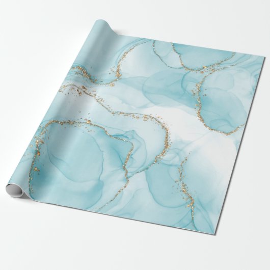 Modern Faux Gold & Blue Waterverf Marble Pattern Cadeaupapier (Uitgerold)
