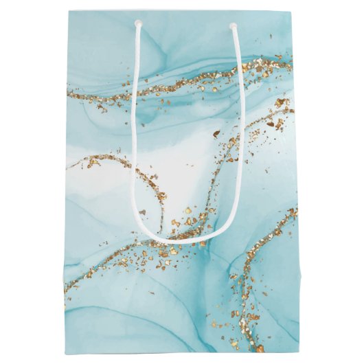 Modern Faux Gold & Blue Waterverf Marble Pattern Medium Cadeauzakje (Achterkant)