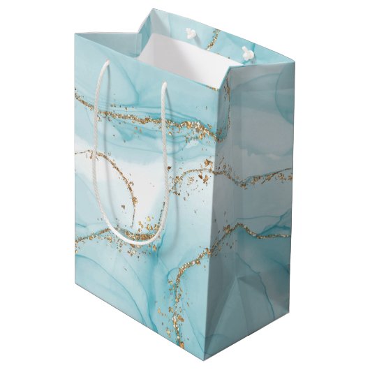 Modern Faux Gold & Blue Waterverf Marble Pattern Medium Cadeauzakje (Achterkant Gekanteld)