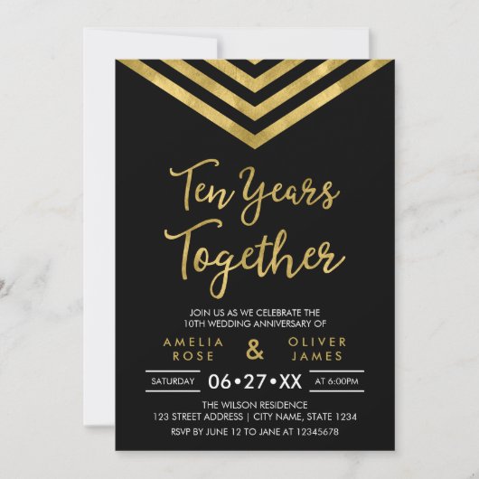 Modern Faux Gold Chevron 10de Jubileum Partij Kaart (Voorkant)