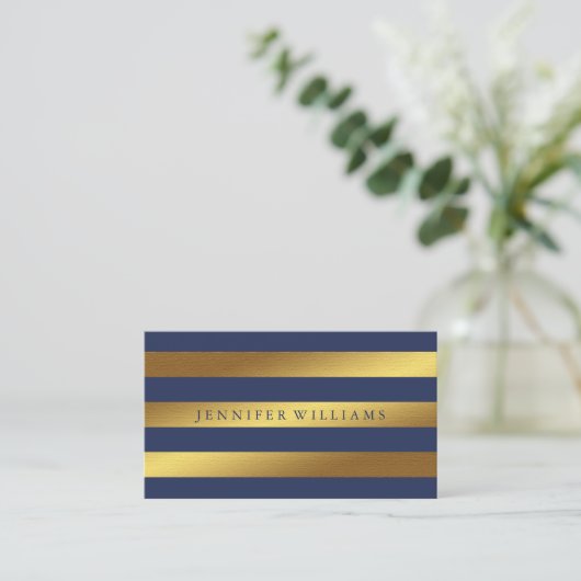 Modern Faux Gold Foil en Blue Stripes Pattern Visitekaartje (Staand voorkant)