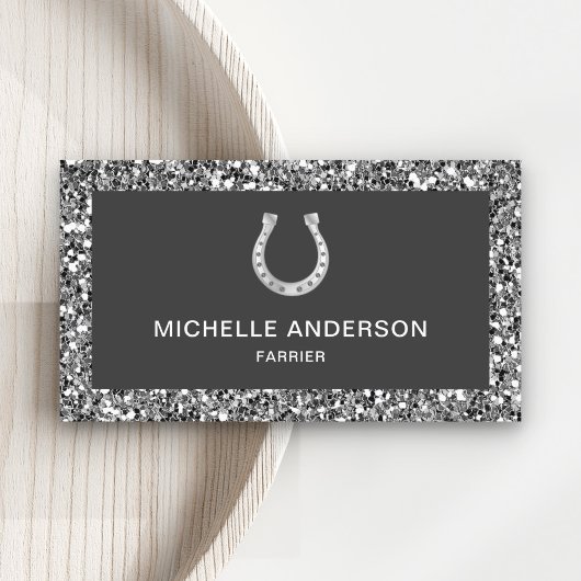 Modern Faux Grey Glitter Hoefijzer Farrier Visitekaartje