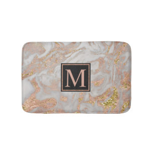 Modern Faux Roos Gold Marble Swirl Monogram Badmat