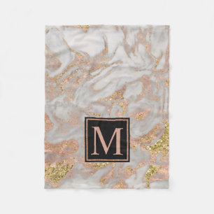 Modern Faux Roos Gold Marble Swirl Monogram Fleece Deken