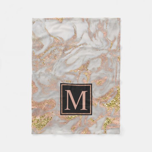 Modern Faux Roos Gold Marble Swirl Monogram Fleece Deken (Voorkant)