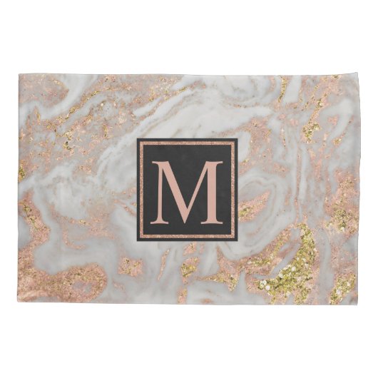 Modern Faux Roos Gold Marble Swirl Monogram Kussensloop (Achterkant)