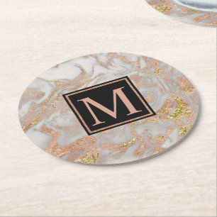 Modern Faux Roos Gold Marble Swirl Monogram Ronde Kartonnen Onderzetter
