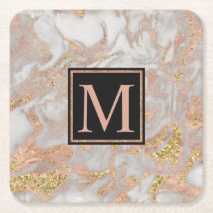 Modern Faux Roos Gold Marble Swirl Monogram Vierkante Kartonnen Onderzetter