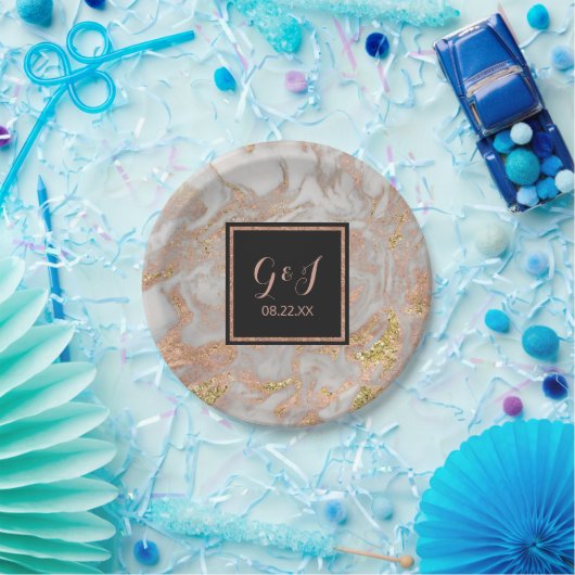 Modern Faux Roos Goud Marmer Monogram Bruiloft Papieren Bordje (Feest)