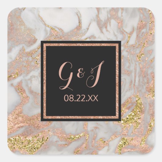 Modern Faux Roos Goud Marmer Monogram Bruiloft Vierkante Sticker (Voorkant)