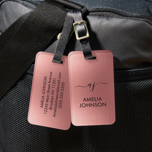 Modern Faux Rose Gold Script Monogram Personalized Bagagelabel