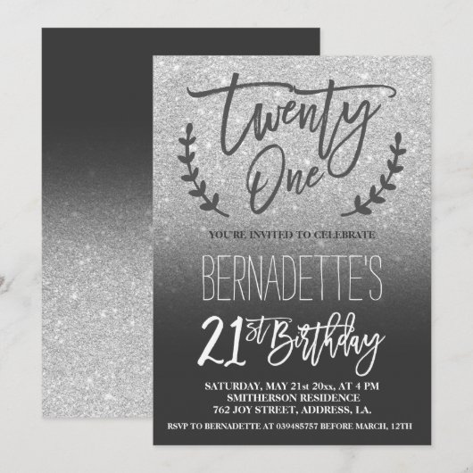 Modern faux zilveren glitter script 21st Birthday Kaart (Voorkant / Achterkant)
