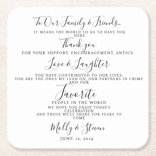 Modern feest / bruiloft Dank u Vierkante Kartonnen Onderzetter (Voorkant)