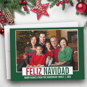 Modern Feliz Navidad familie foto groen Feestdagenkaart