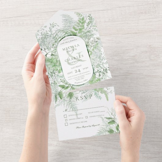 Modern Fern Green Foliage White Dinner All In One Uitnodiging (Afscheurbaar)