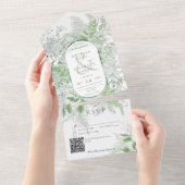 Modern Fern Green Foliage White QR Code All In One Uitnodiging (Afscheurbaar)