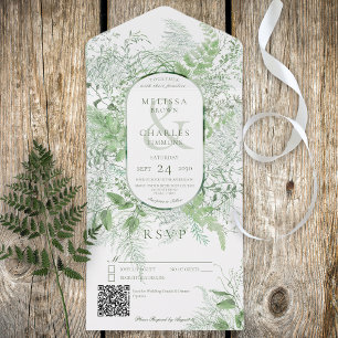 Modern Fern Green Foliage White QR Code All In One Uitnodiging