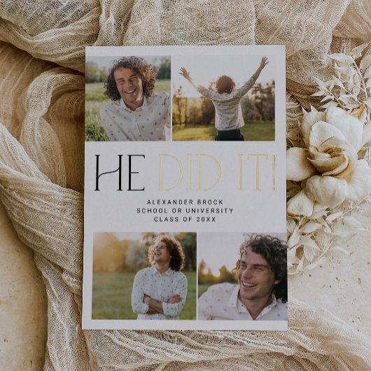 Modern Fete Gold Foil Hij deed het Foto Afstuderen Folie Uitnodiging