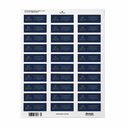 Modern Fete Navy Gold hij deed het Afstuderen teru Etiket (Full Sheet)