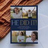 Modern Fete Navy Gold Hij deed het Foto Afstuderen Aankondiging