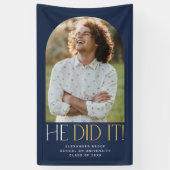 Modern Fete Navy Gold Hij deed het Foto Afstuderen Spandoek (Verticaal)