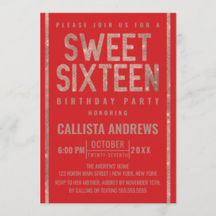 Modern Fiery Red Rose Gold Glitter Lijst Sweet 16 Kaart